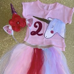 2T Personalized Red, Pink, Gold & Purple Unicorn 2nd Birthday Outfit: Shirt, Tutu, & Headband Horn