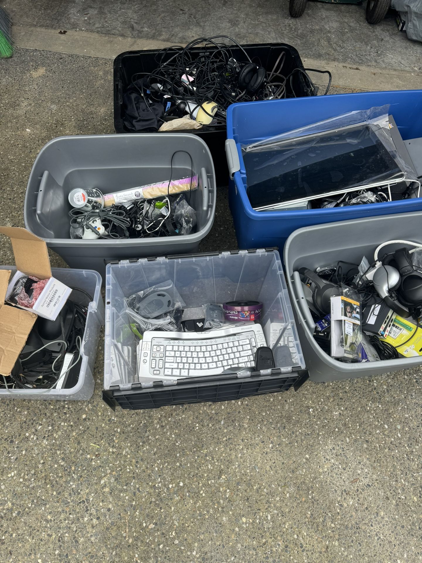 6 totes of computer stuff and electronics 100+ webcams, hard drives, monitors and more