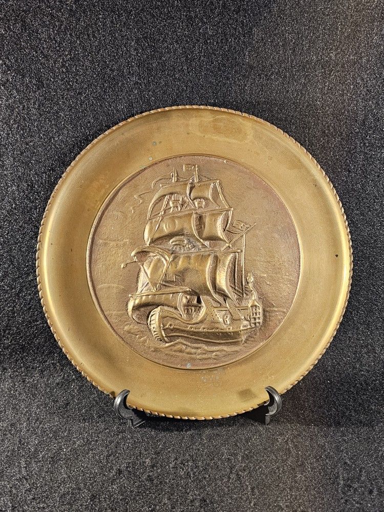 Vintage Mid-Century Modern Solid Brass Handcrafted English Clipper Ship Hanging 12" Wall Art