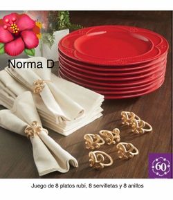 Juego de 8 platos Rubí, 8 servilletas y 8 anillos todo nuevo 🌺 princess house 🌺