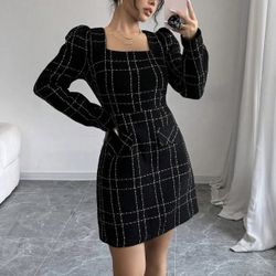 Black Tweed Plaid Dress