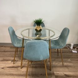 Blue Gold Modern Velvet Glass Dining Set 