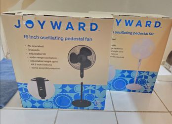 New $25 each Joyward 16-inch oscillating pedestal fan box with three speed settings and an adjustable stand.