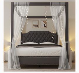 GarveeHome Upholstered Canopy Bed Frame Queen Size with headboard, Button Tufted, Nailhead Trim Design, No Box Spring Required, Gray