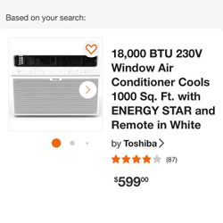 Toshiba 18,000 BTU 230V Window Air Conditioner Cools 1000 Sq. Ft. with ENERGY STAR and Remote in White