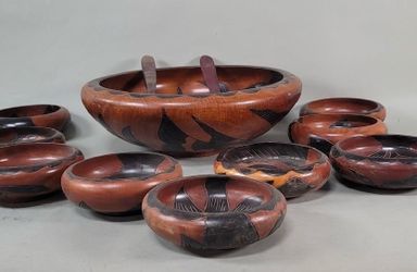 Vintage Set of Carved Wood Bowls & Serving Spoon & Fork, 12pcs total