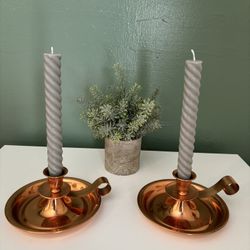 Two Vintage Copral Copper Finger Loop Candle Holders 