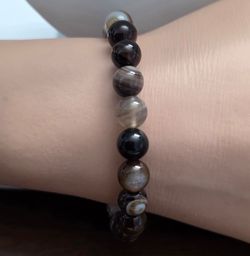 Natural Banded Agate Stone Beaded Bracelet | Brown Black Gray Gemstone Stretch Bracelet