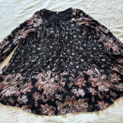 Free People Black and Pink Floral Long Sleeve Tunic Blouse