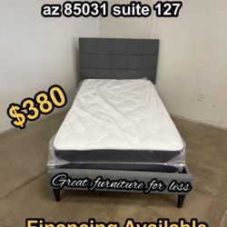 Twin Bed Frame Grey With Pillow Top Mattress Brand New 