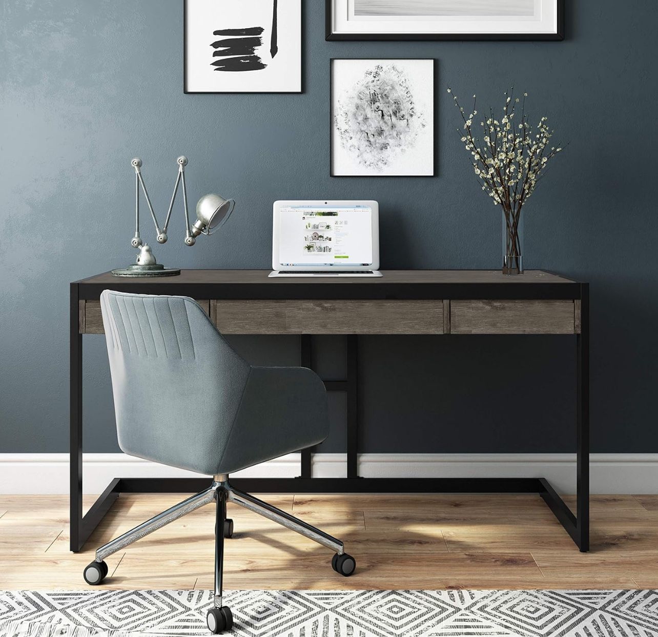 SIMPLIHOME SOLID ACACIA WOOD Industrial 60” Writing Office Desk, Farmhouse Grey