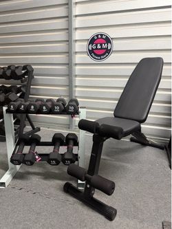 New in box 📦 PAIR OF 5,8,10,12,15lb neoprene Dumbbells + rack + bench COMBO. Limited time sale 🔥