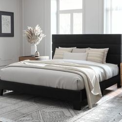 King Bed Platform Bed Frame with Velvet Upholstered Headboard and Wooden Slats Support, Fully Upholstered Mattress Foundation/No Box Spring Needed/Ea
