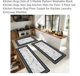 Kitchen Rugs Sets of 3 Marble Pattern Washable Black Kitchen Rugs Non Slip Kitchen Mats for Floor 3 Piece Set Kitchen Runner Rug Floor Carpet for Kitc