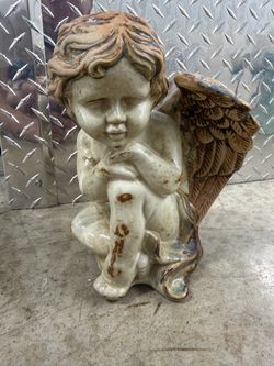 Glazed 12” HEAVY Ceramic Wing ANGEL CHERUB SITTING W/ CROSSED FEETGarden Statue