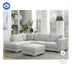 Grey Fabric Sectional With Ottoman L