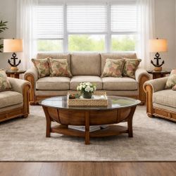 Costal Living Room Set - Couch, 2 Armchairs, Boat Coffee tables, & 2 Anchor Lamp