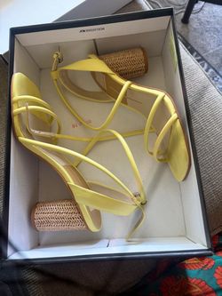 Yellow Strappy Heeled Sandals with Woven Block Heel