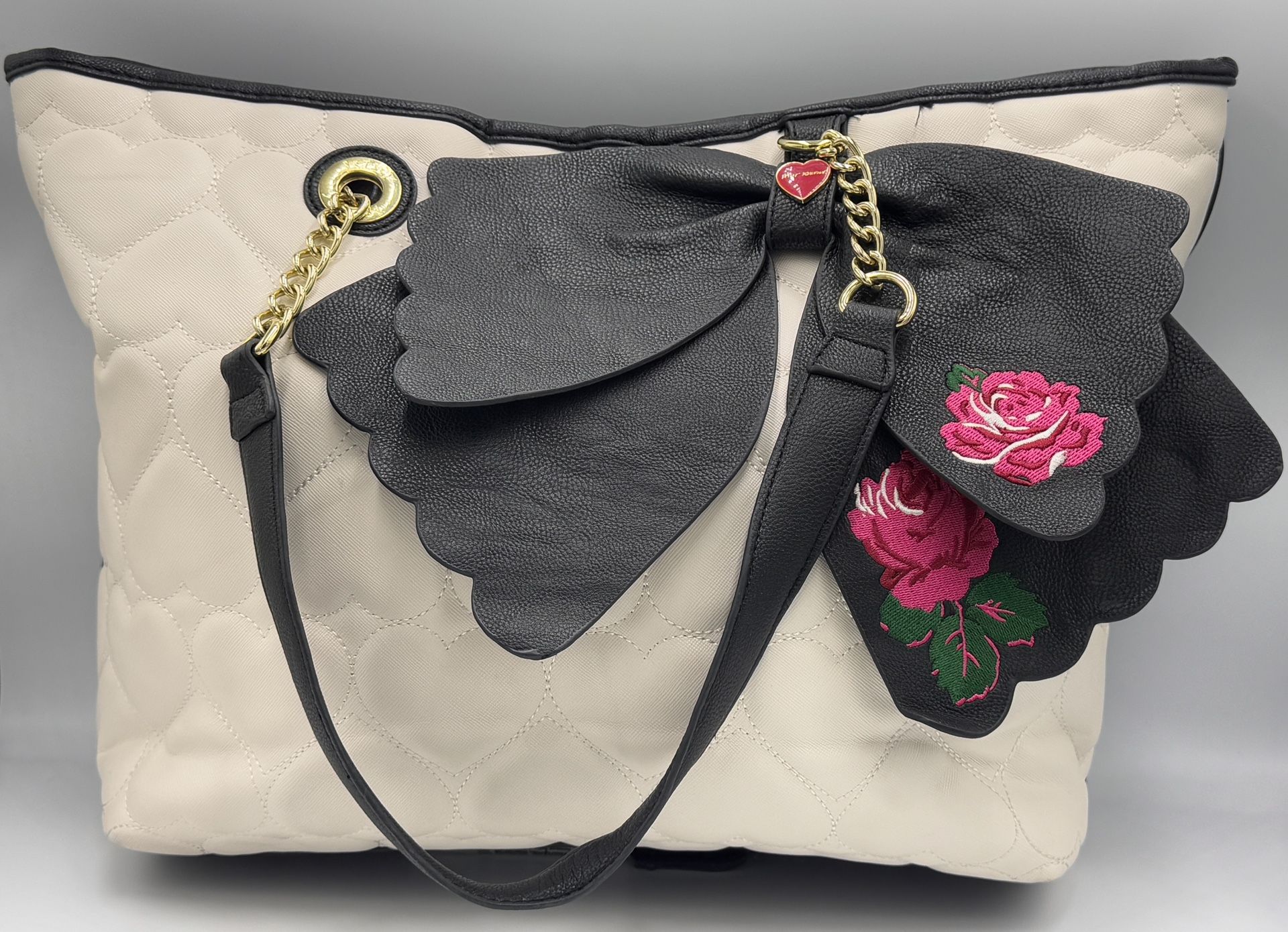 Betsey Johnson Cream Black Tote 16” Quilted Hearts Large Shoulder Bag Bow Tie