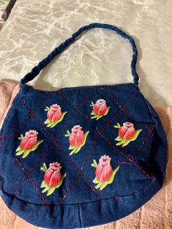 Denim Floral Embroidered Shoulder Bag