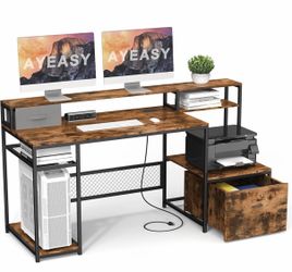 New - 66” Home Office Computer Desk with Monitor Stand, Drawer & Power Outlet – Brown