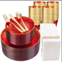 DaYammi 350PCS Clear Red Gold Plastic Dinnerware Set For 50 Guests, Hammered Disposable Plates For Party, Include: 50 Dinner Plates, 50 Dessert Plates