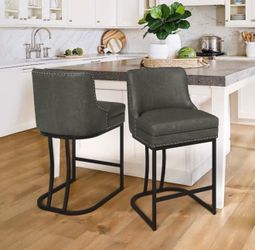 26 in. Black Gray Faux Leather Upholstered Counter Height Bar Stool with Double Cushion Bar Stool Set of 2