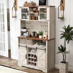 Farmhouse Bar Cabinet with Hutch & Sliding Barn Door, Kitchen Buffet Pantry with Power Outlet,