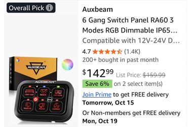 Auxbeam RA60 RGB 6 gang switch panel w/toggle momentary pulsed, 12-24v