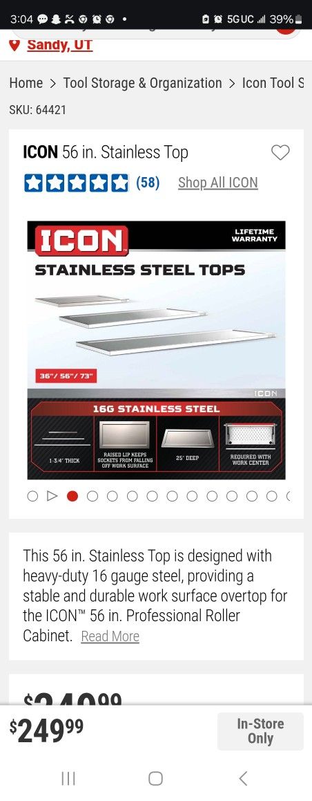 Icon Tools Stainless Steel Top 56"