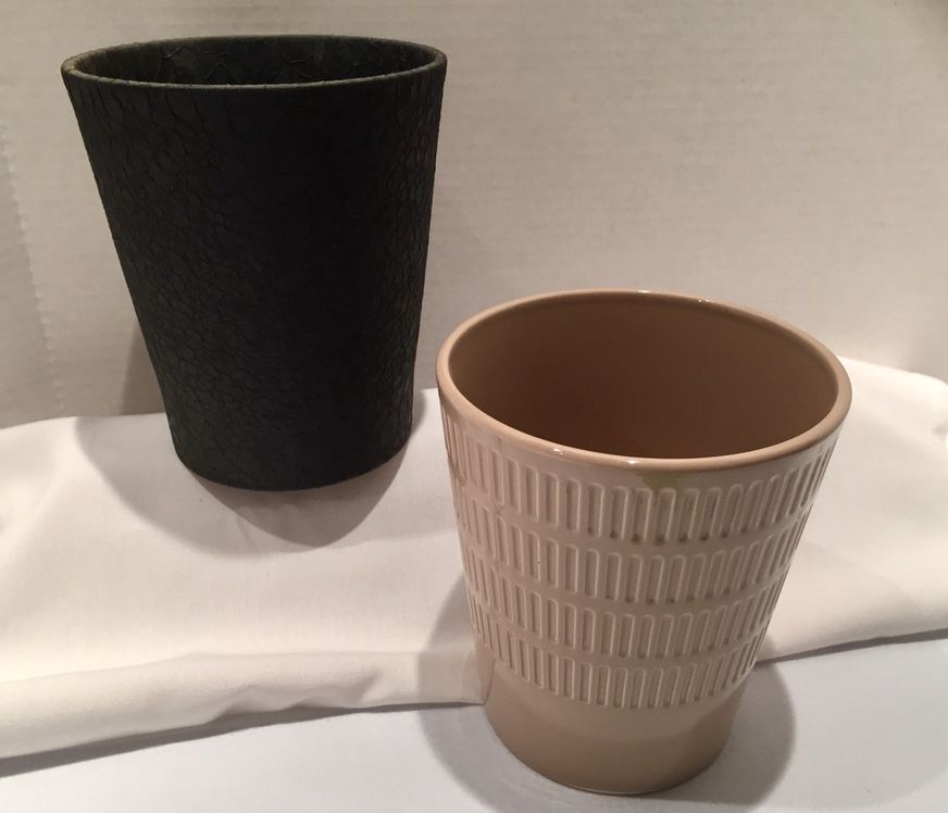 MID CENTURY MODERN STYLE - (2) CERAMIC PLANT POTS - (Very Good Quality, Beige & Black One Has Interesting Texture, 6” High)