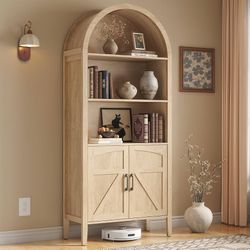 71" Tall Arched Bookshelf, 5-Tier Arched Bookcase with Door & Storage Cabinet, Farmhouse Display Bookshelf Cabinet with Adjustable Shelf, Freestanding