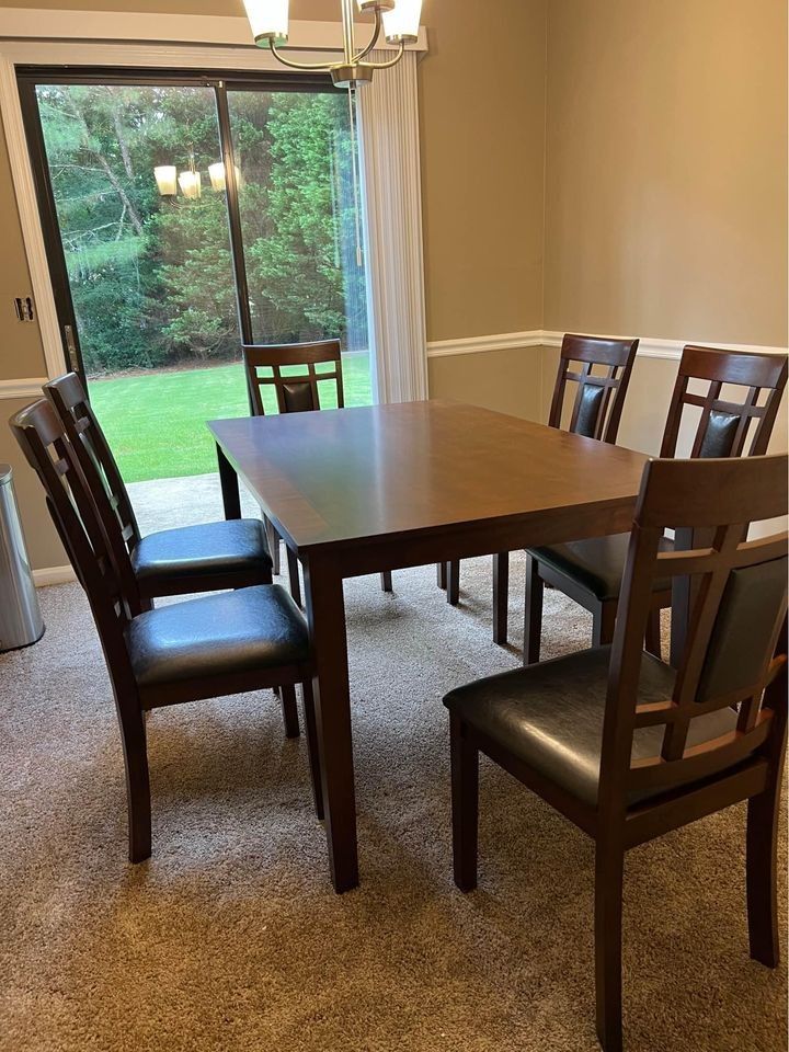 ππBrand New Brown Solid Wooden Dining Table Set W/ 6 Chairs