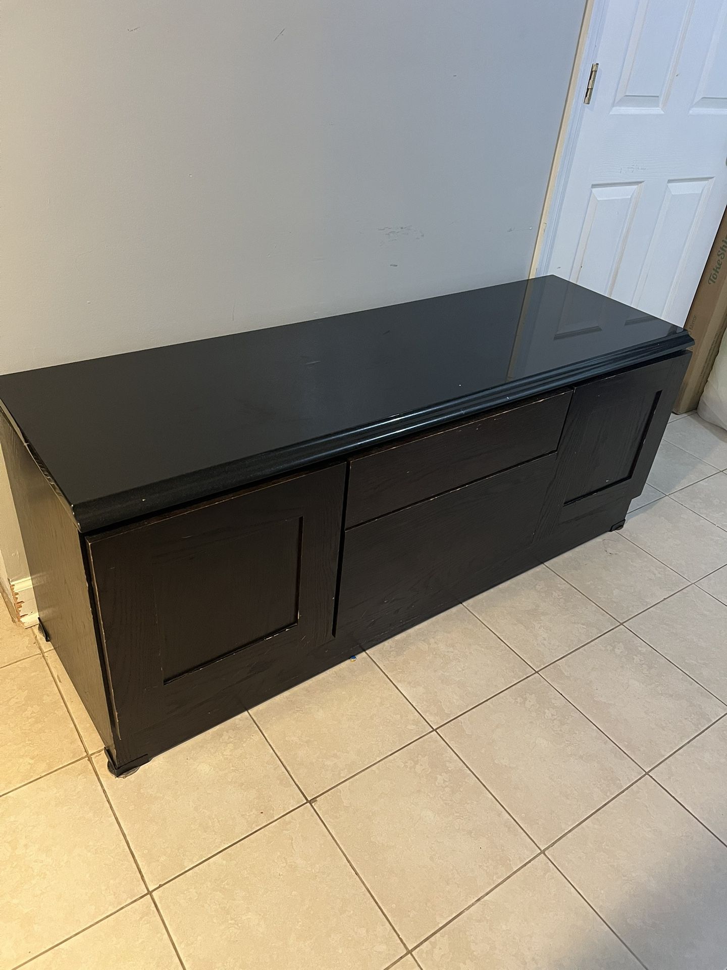 Black Wooden Media Console / Sideboard Cabinet with granite top.