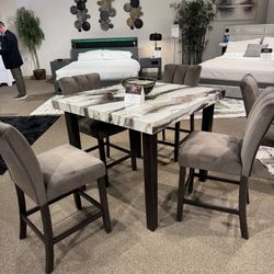 Dark Brown/Beige Square Counter Height Table and 4 Mocha Counter Height Chairs