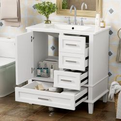 White Bathroom Vanity with Ceramic Sink 30 inch