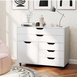 File Cabinet, White Filing Cabinet w/Universal Wheels, Wood Printer Stand w/Storage, Rolling File Cabinets for Home Office, Living Dining Room (White,
