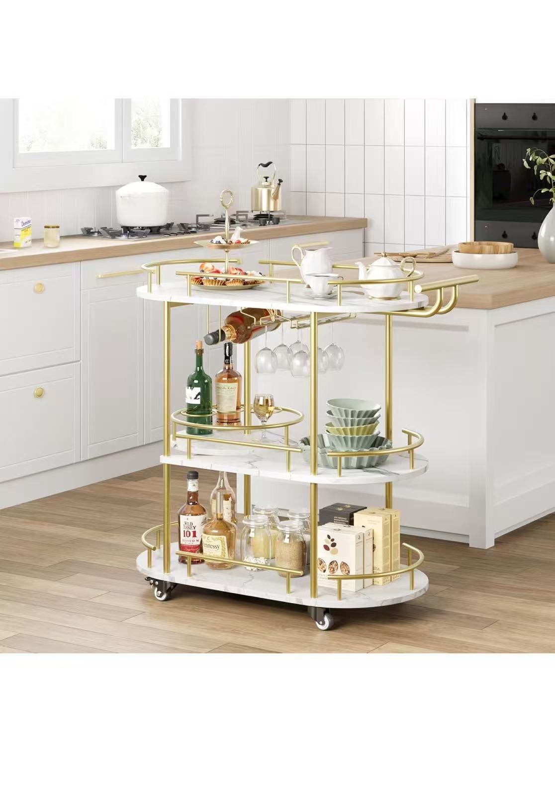 Bar Carts Gold with 4-Tiers Storage Shelves