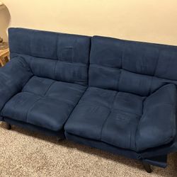 Blue Futon w Mattress Pad & Bedding