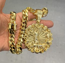 Super Heavy Flat  Miami Cuban Links Necklace And Large Saint Lázaro Pendant 