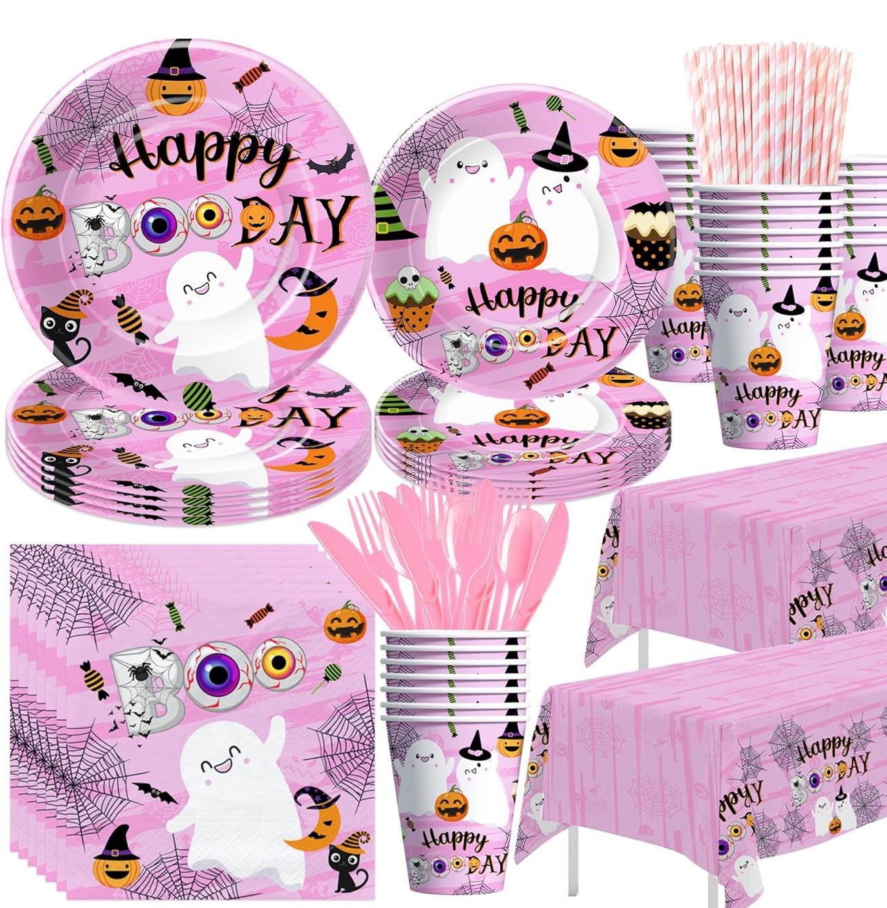 Halloween Birthday Plates And Napkins Party Supplies Girl, Pink Halloween Ghost Happy Boo Day Decorations Tableware for Birthday Baby Shower, Plate, C
