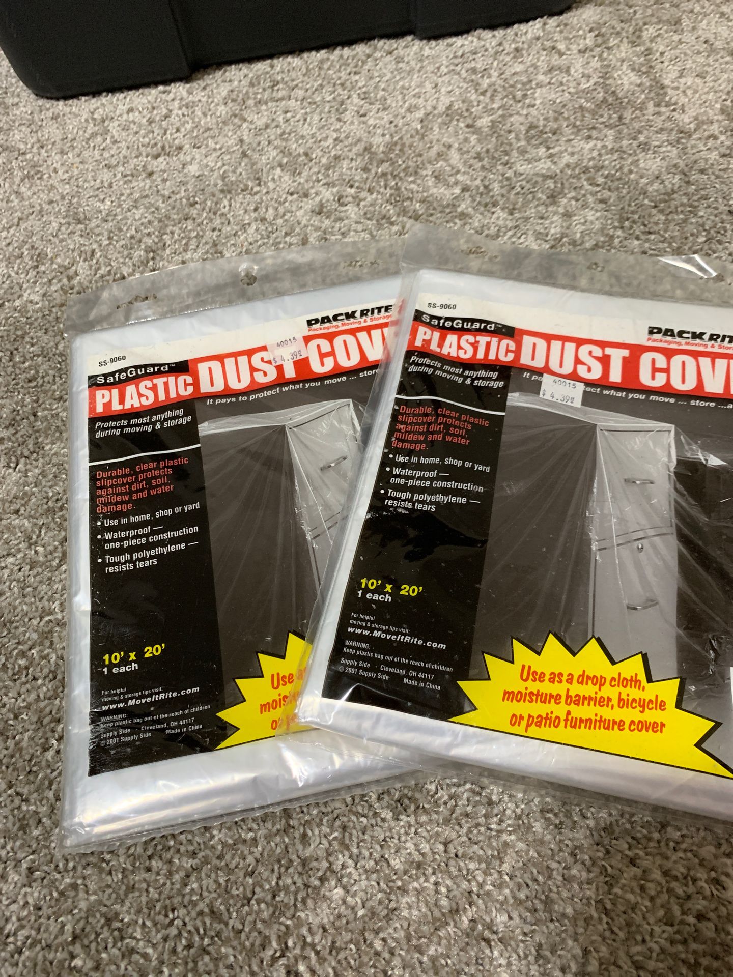 Two brand new dust plastic covers 10’x20’, both fro $6