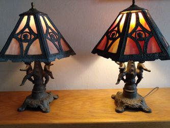 ANTIQUE SLAG GLASS CAMEO TABLE LAMPS