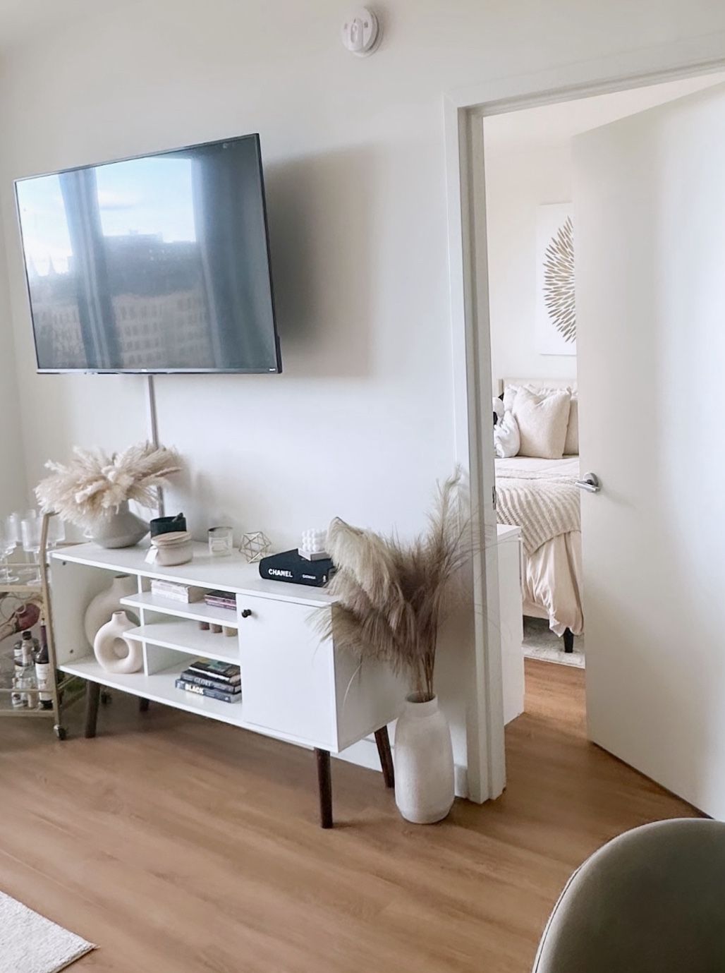 Modern TV Stand With 1 Storage And 2 Shelves Cabinet - White Wood