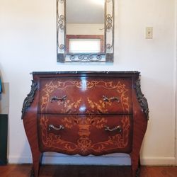Inlaid Wood Bombay Chest of Drawers with Black Marble Top and Wrought Iron Wall Mirror 