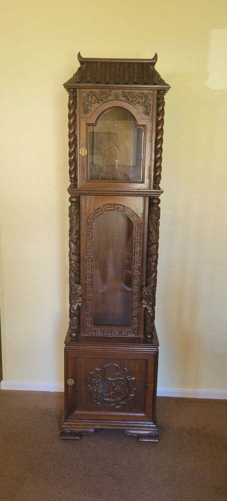 Vintage 1970s Taiwanese Carved Wood Grandfather Clock