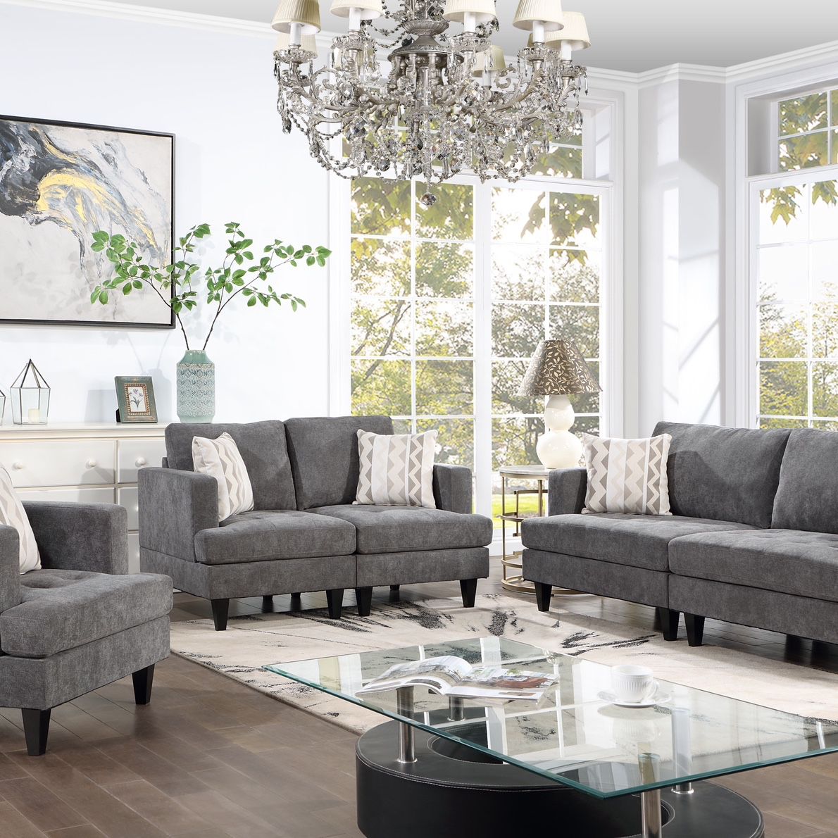 Huntington 3 Pieces Living Room Sofa Set - Gray