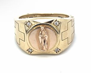Men’s 10k Two Toned Rose Yellow Gold CZ Cubic Zirconia Virgin Mary with Cross Detailing Ring Size 9.5 GP3102026