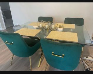 Modern Glass Dining Table Set + 4 Emerald Velvet Gold Chairs