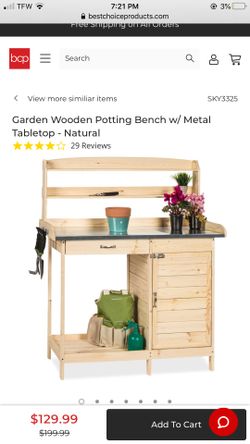 Garden Wooden Potting Bench w/ Metal Tabletop - Natural